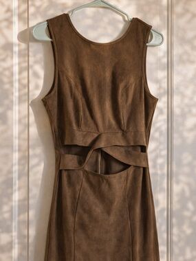 GUESS Brown Faux Suede Cut Out Mini Dress Gold Zip Size M NWT